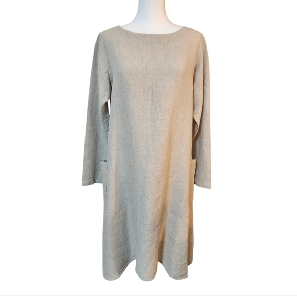 🇨Maiwa Handprints Studio,Minimalist Taupe Shift, 100% Linen Dress with Pockets - Picture 11 of 11